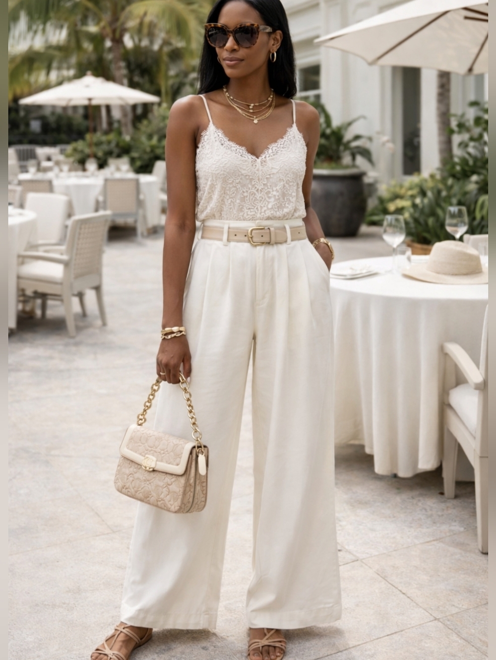 White Wide Leg Pants Women M High Rise Linen‎ Look Coastal Old Money Minimalist